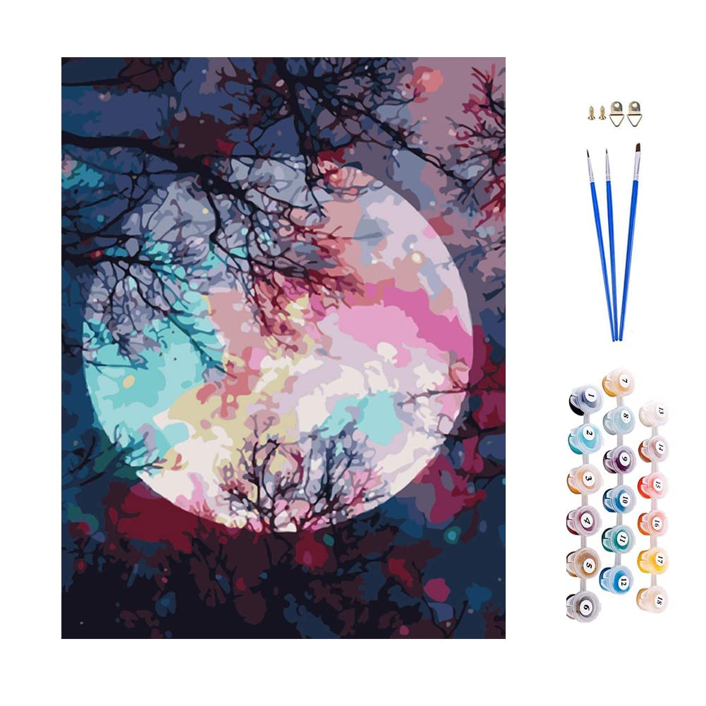 ABEUTY Paint by Numbers Kits Moon and Tree Landscape, DIY Number Painting Canvas Wall Art 40x50cm (Wooden Framed, Moon)