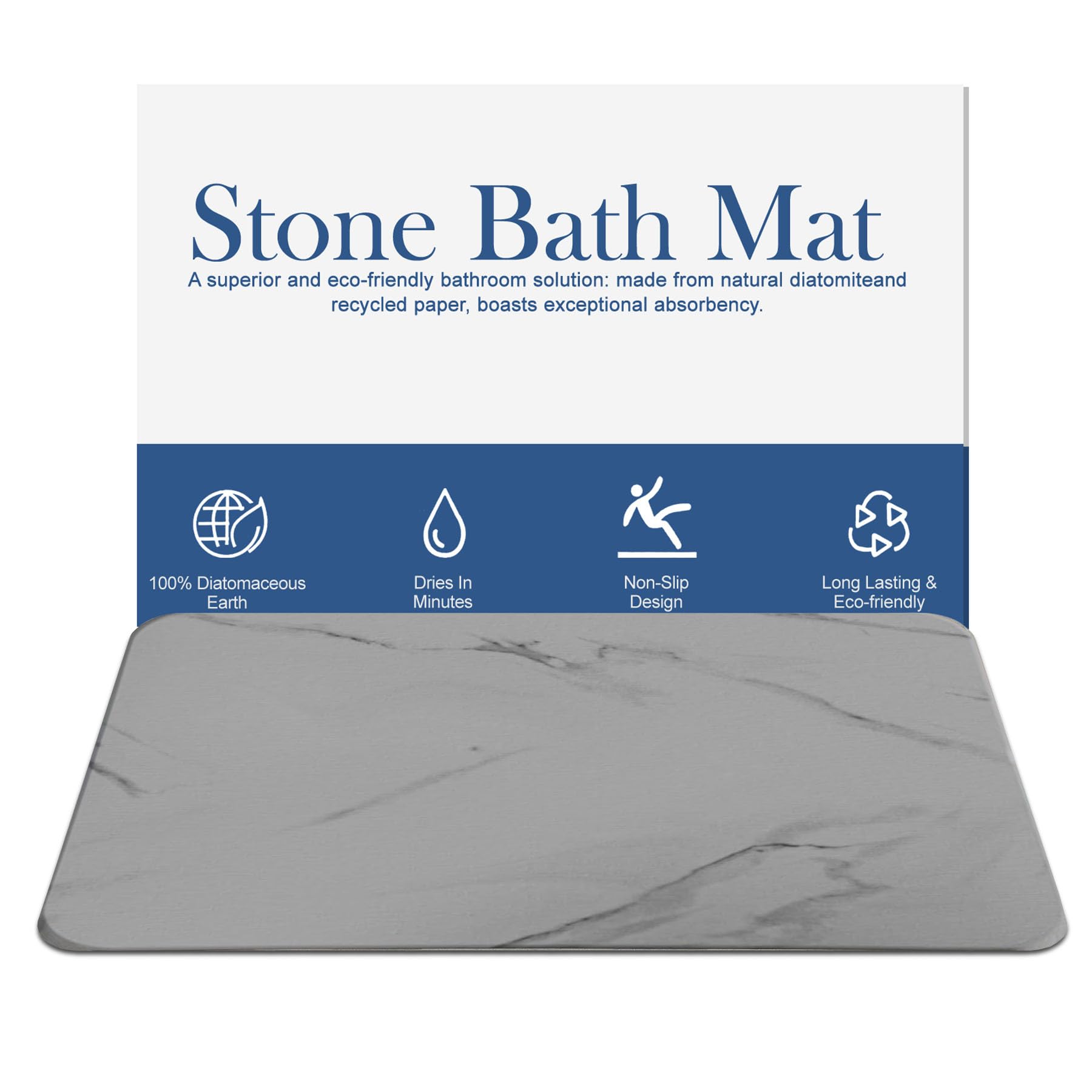 DAWNTREES Stone Bath Mat, Diatomaceous Earth Shower Mat, Ultra Absorbent, Fast Drying, Non-Slip Bathroom Floor Mat for Kitchen & Bath - 60x39 cm (Grey Marble)