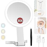 MIYADIVA Lighted Makeup Mirror, 30X Magnifying Mirror with Light and Adjustable Brightness, Hanging and Handheld Mirror with Handle, Portable Travel Makeup Mirror with Lights, Vanity Mirrors for Women