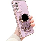 phylla for Samsung Galaxy S20 FE 5g Phone Case with Astronaut Hidden Stand Holder Luxury Plated Cute Astronaut Case with Side Cute Hearts Pattern Soft Shockproof Kickstand Bumper (Purple)