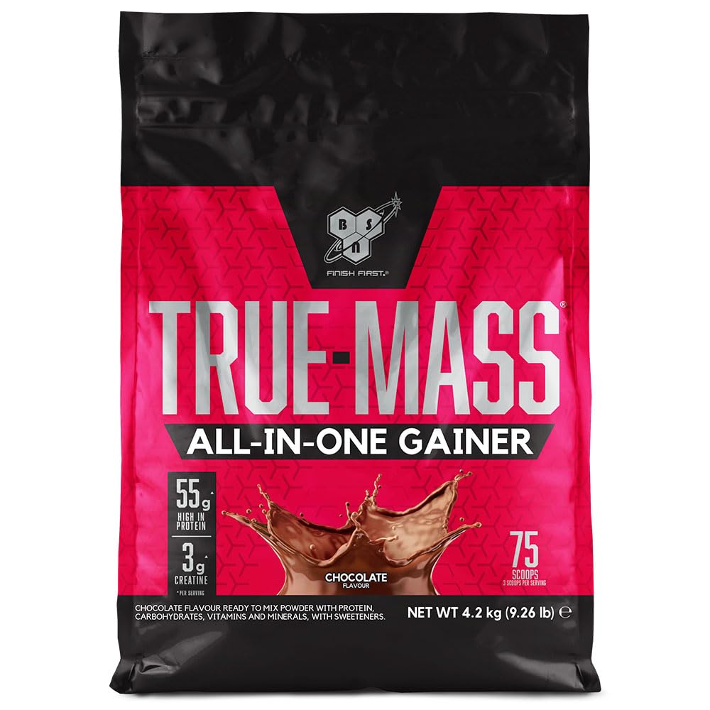 BSN True Mass All-In-One Gainer Protein and Carbohydrate Powder with Creatine, Glutamine, Vitamin D and Zinc, Muscle Gain and Recovery Workout Powder, Chocolate Flavour, 25 Servings, 4.2 kg