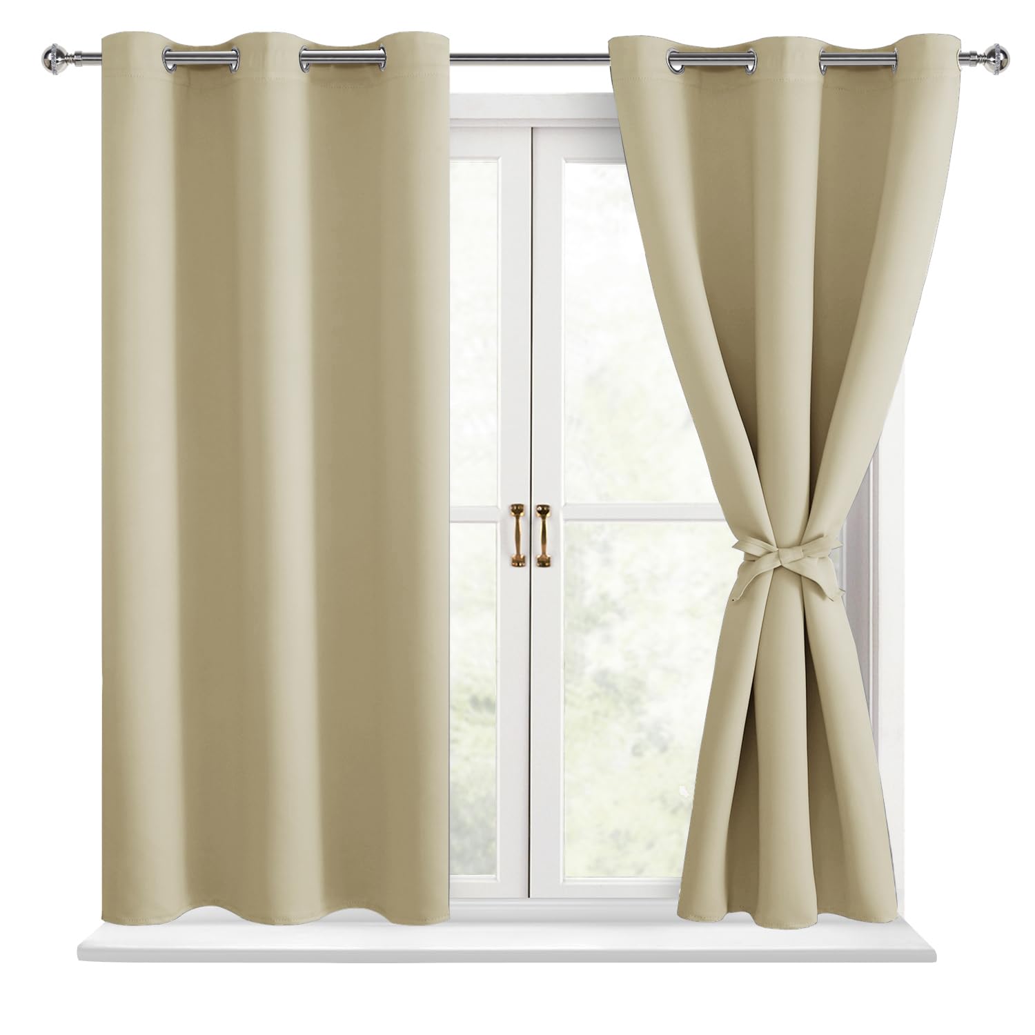Hiasan Short Blackout Curtains for Bedroom - Thermal Insulated & Light Blocking Window Curtains for Living Room, 2 Drape Panels Sewn with Tiebacks, Light Beige, 42 x 45 Inch Image