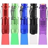 WAYLLSHINE (Pack of 5 Multicolored 3-Mode Flashlight: Red, Green, Blue, 395 UV, White LED Light Flashlight