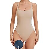 Leovqn Women's Seamless Thong Bodysuits Tummy Control Shapewear Bodysuits Square Neck Sleeveless Invisible Underwear