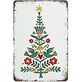 NAMEY Scandinavian Christmas Print, Watercolor Tree, Decoration, Holiday Decor, Norwegian Folk Art Print Swedish Polish Danish Funny Vintage Metal Tin Sign for Home Coffee 12x8 Inch