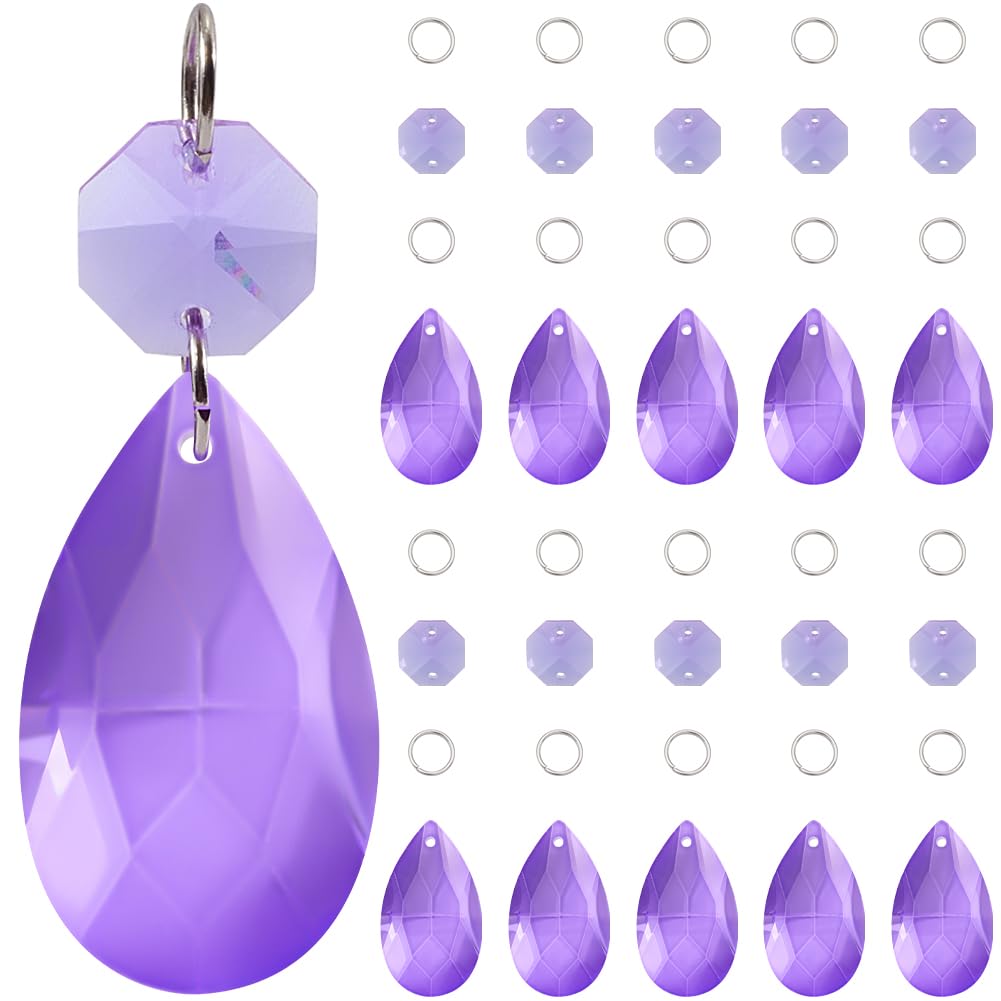 SOFPLATE 1 Box 12 Pack 38mm Purple Crystal Chandelier Prisms Teardrop Crystal Chandelier Pendants Octagon Links Jump Rings Glass Suncatcher Prism for Christmas Wedding Party Decor Chandeliers Hanging