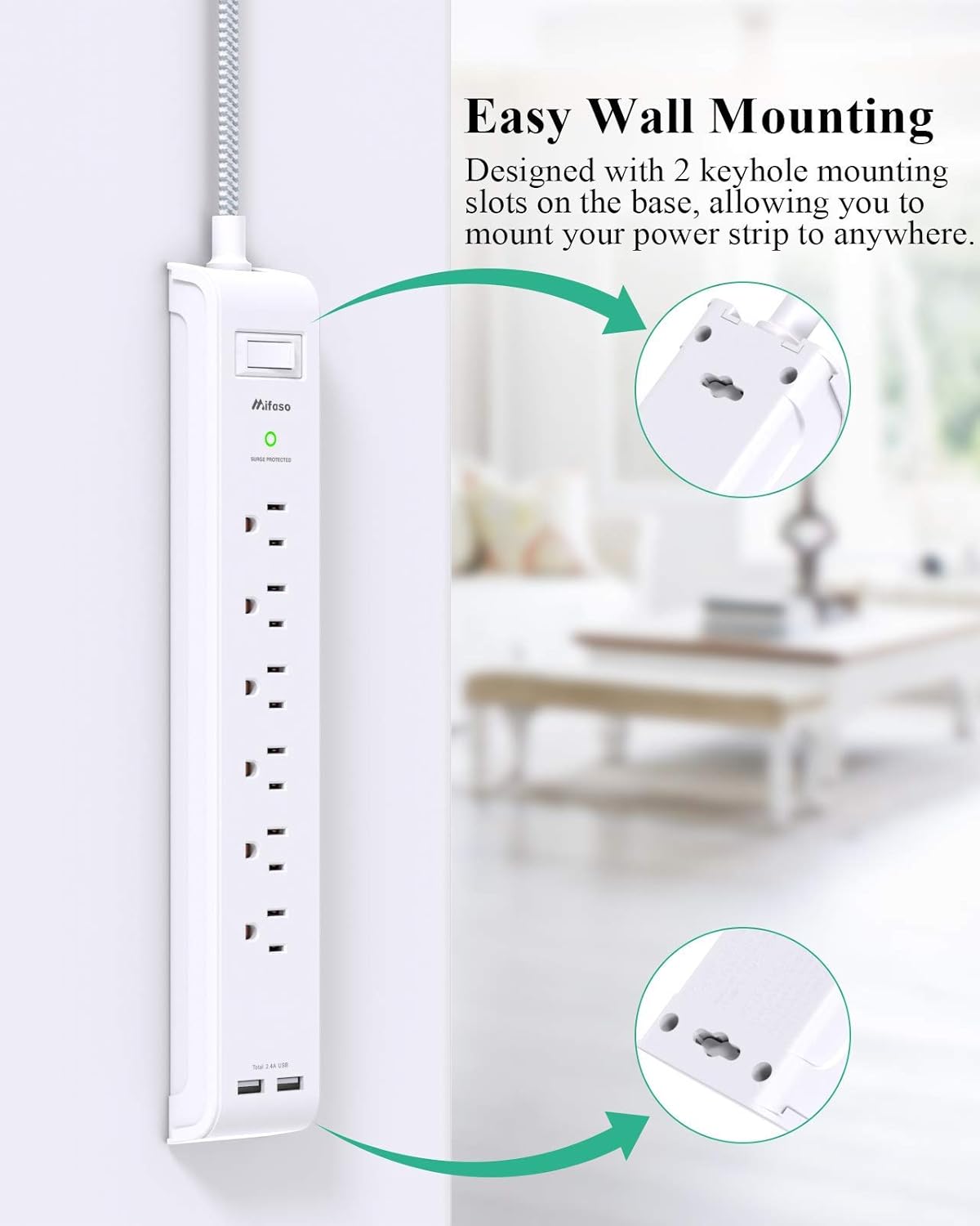 2 Pack Power Strip Surge Protector - 6 Outlets 2 USB Ports 5Ft Long Extension Cords, Flat Plug Overload Protection Outlet Strip, 900 Joules, Wall Mount for Home, Office and Dorm Essential, ETL Listed: Electronics