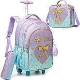Meetbelify Girls Rolling Backpack Kids Backpacks with Wheels for Elementary Students Carry on Backpack with Lunch Box Travel Suitcase Trip Luggage for Girls Ages 6-8