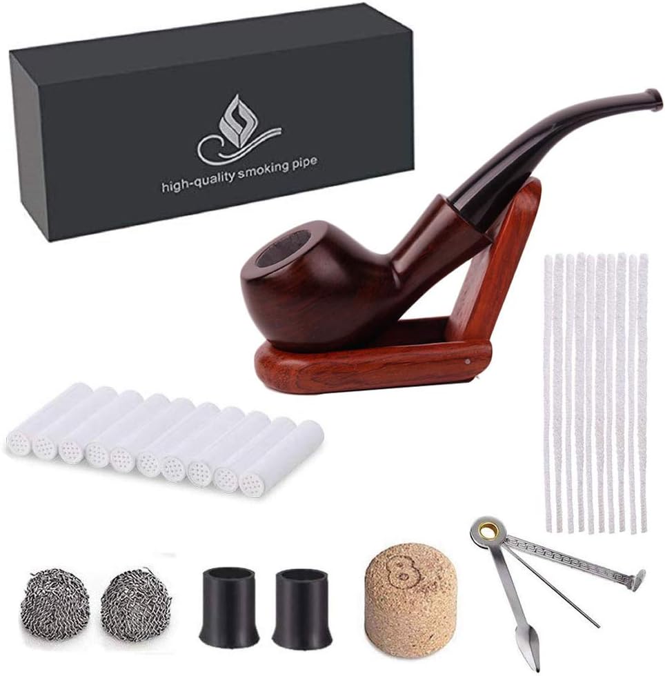 CLKJ Tobacco Pipes，Wooden Tobacco Smoking Pipe, Ebony Wood Pipe with Pipe Cleaners, 9 mm Pipe Filters, 3-in-1 Pipe Scraper, Pipe Bits, Metal Balls, Cork Knockers with Gift Box (Pipe with Gift Box)