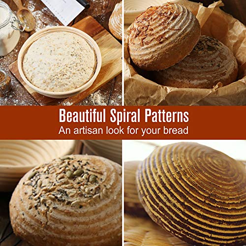 LotFancy Banneton Proofing Basket Set of 2, 9 Inch Round Proofing Bowls for Sourdough Bread, Incudes Linen Liner Cloth, Dough Scraper, Bread Lame, Brush, Instructions Book, Non-Stick