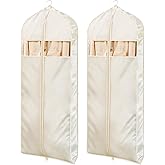 Univivi Super Soft Satin Garment Bags for Hanging Clothes, 60 Inch Zippered Dress Cover with Gussets, Breathable & Non-smell for Dresses, Coats, Jackets, Shirts, 2 Pack - Apricot