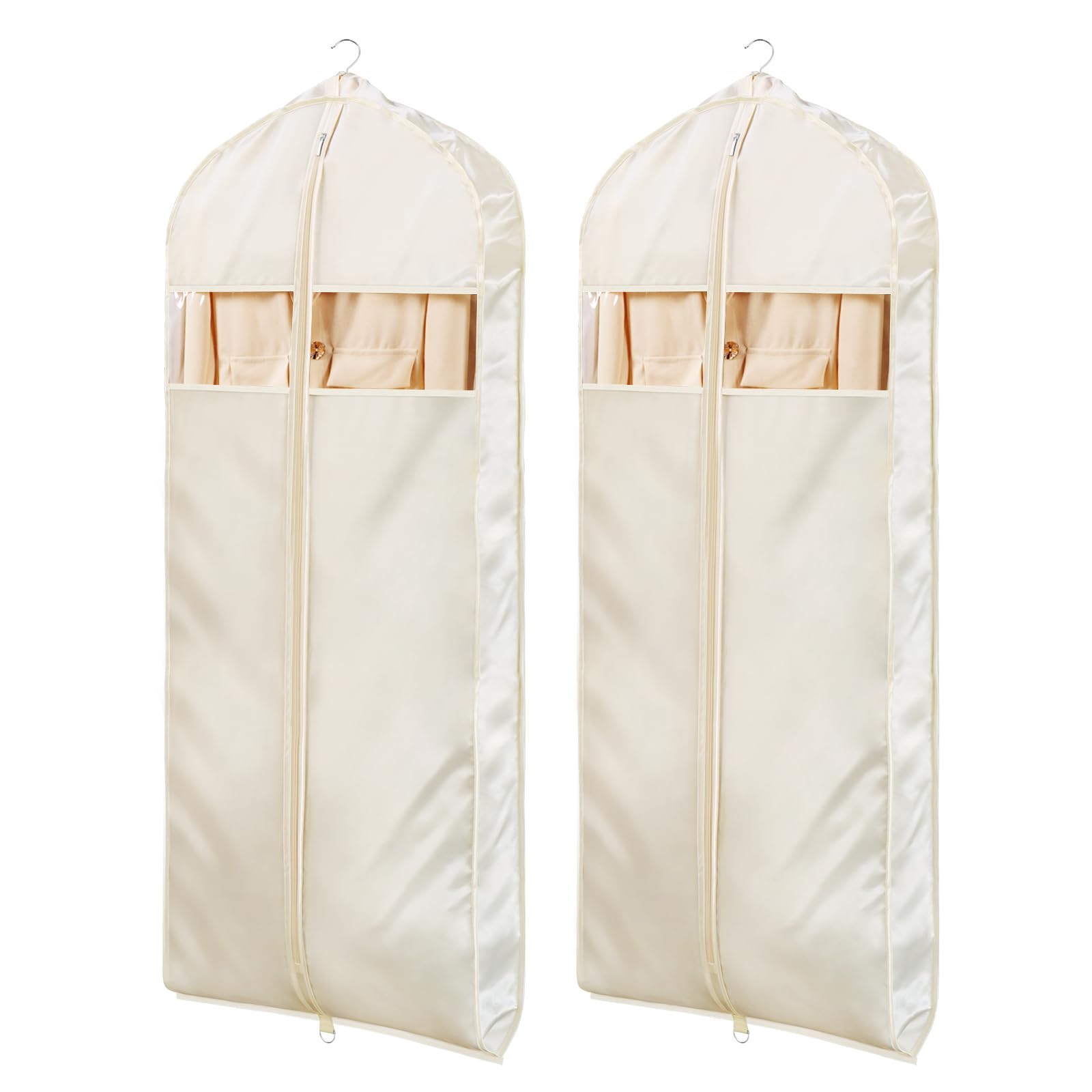 Univivi Super Soft Satin Hanging Garment Bags, 60" Dress Bags Covers Long with Zipper, Dress Covers Full Length with Gussets, Breathable & Non-smell for Dresses, Coats, Jackets, Suit, 2 Pack - Apricot