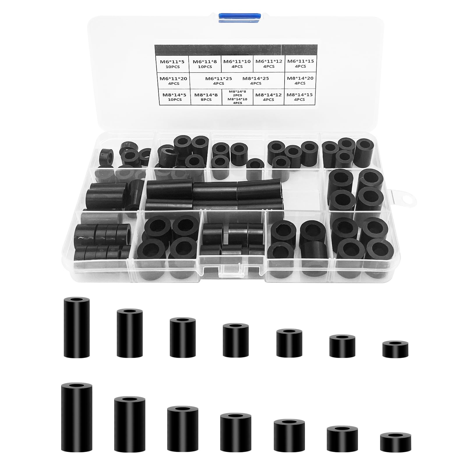 80pcs ABS Round Spacer Washer Assortment Kit，M6 M8 Screws Nylon Non Threaded Column Standoff Support Spacers with Plastic Box(Black) — image 1