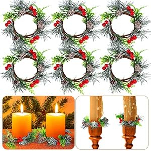 6 Pieces Christmas Candle Ring Artificial Berry Candle Rings with Pine Cones Small Wreaths for Home, Wedding, Living…