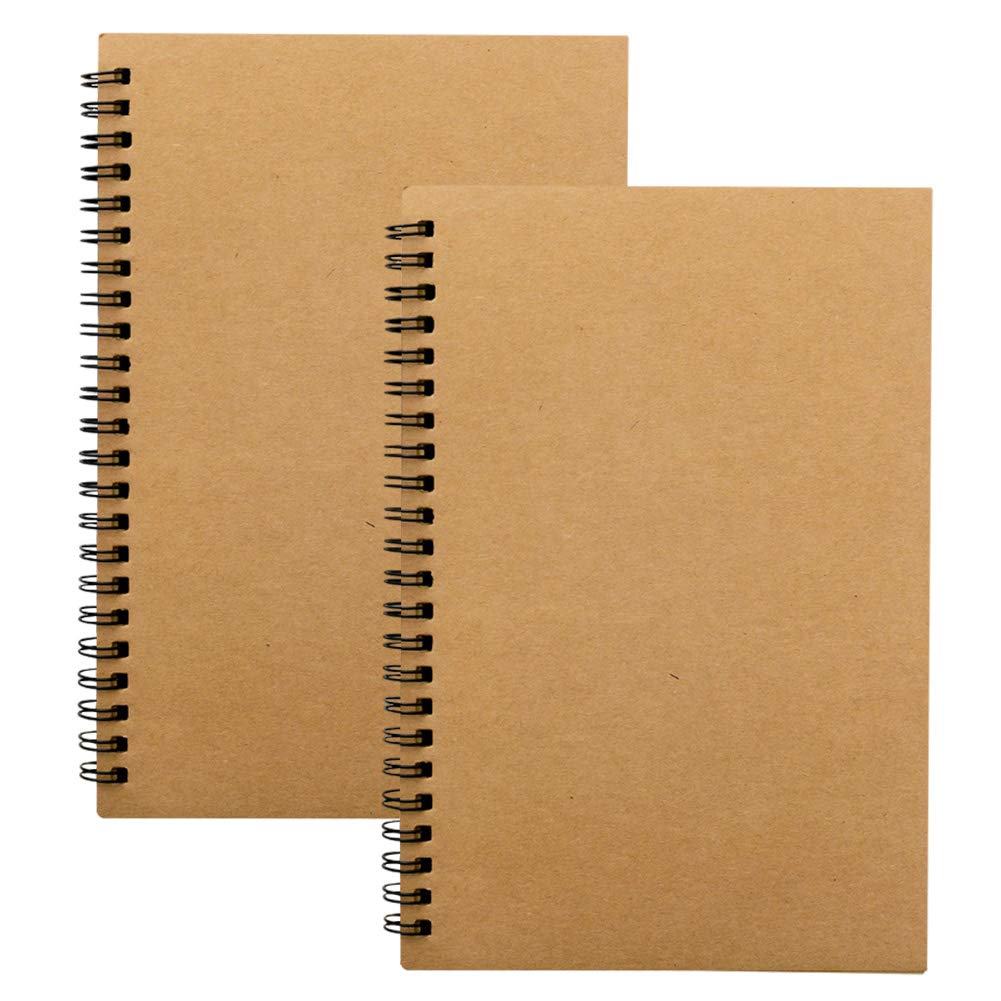 A5 Spiral Paper Notebook CHEPL 2 Packs A5 Spiral Notepad Kraft Cover Blank Page for Travel School Drawing Diary Painting and Graffiti 100 Pages/ 50 Sheets (Brown)