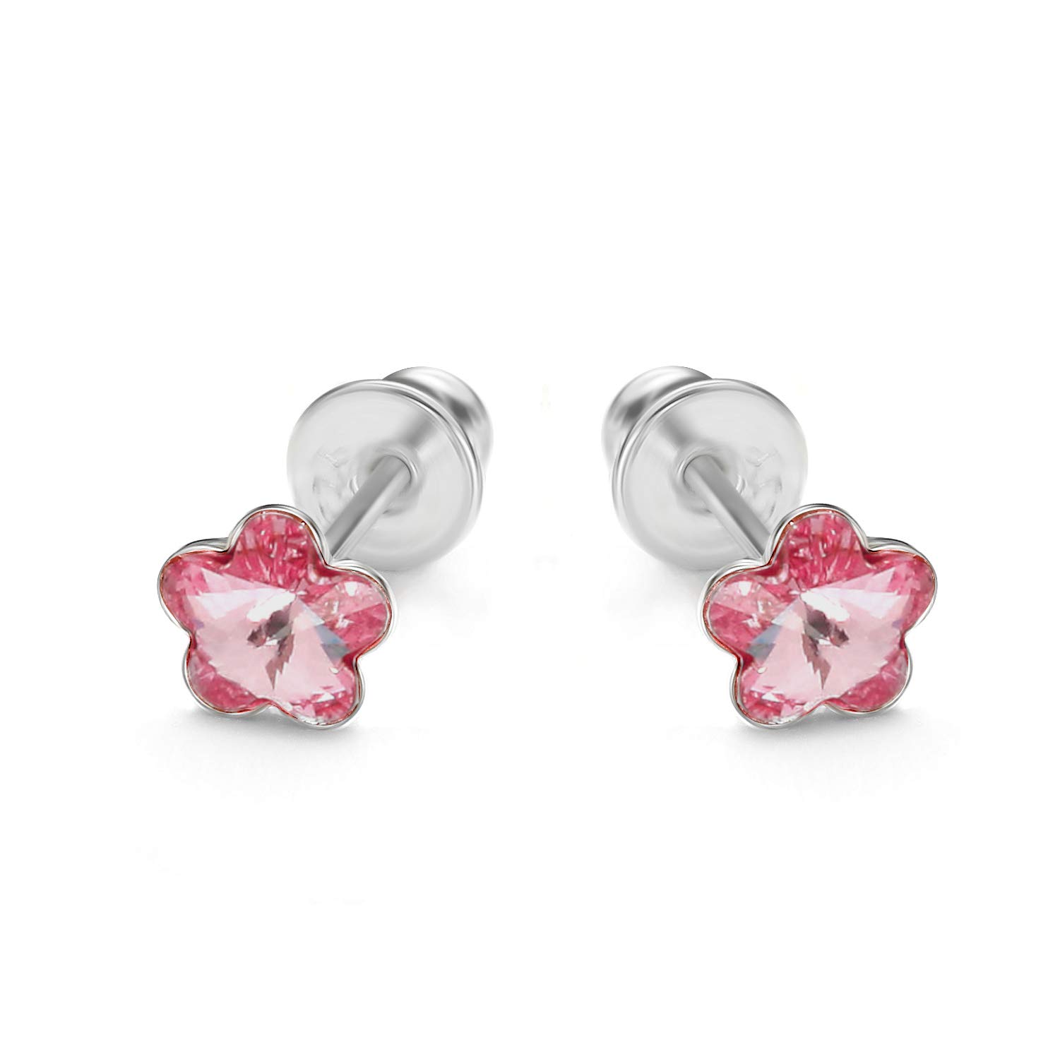Butterfly Charming Sterling Silver Flower Shaped Childrens Earrings With Delicate Pink Crystal Accent