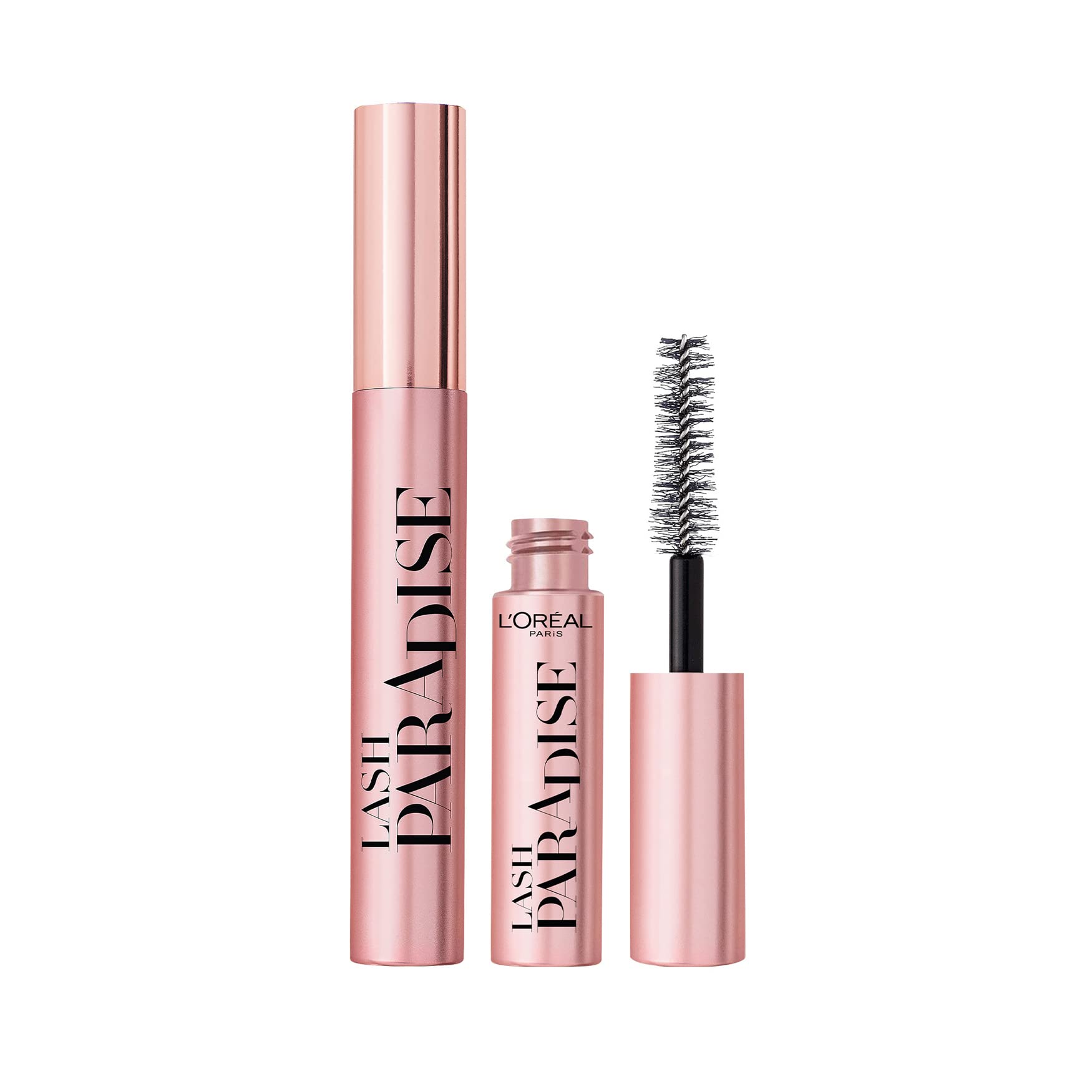 L'Oréal Paris Intense Volume Mascara, Infused with Castor and Floral Oils to Condition Eyelashes, Suitable for Sensitive Eyes, Soft Fibre Brush, Lash Paradise, Black, Full Size + Mini Duo Bundle