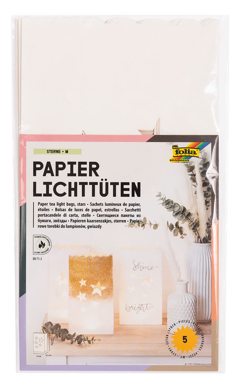 folia 12410 – Light Bags Made of Flame-Retardant Paper Stars, Pack of 5, Approx. 24.5 x 14 x 8.5 cm, Atmospheric Table Decoration for Advent and Christmas