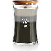 WoodWick Warm Woods Trilogy Holiday Candle Gifts for Women and Men, 21.5 oz Large Hourglass Trilogy Candle with Crackling Wick