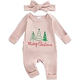 Frietlebird Newborn Girl Christmas Outfit Baby Ribbed Letters Long Sleeve Romper Onesie Knit Jumpsuit with Headband 2Pcs