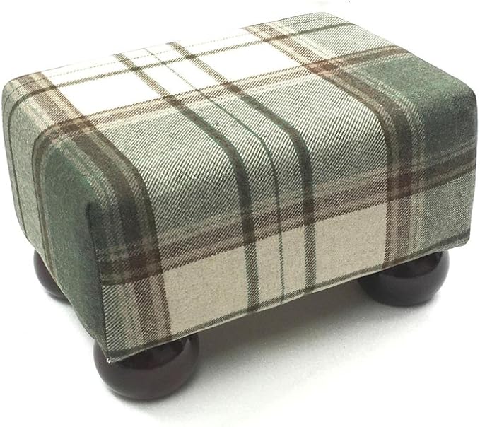 Small Tartan Footstool in Olive with Dark Wood Bun Feet Amazon.co.uk