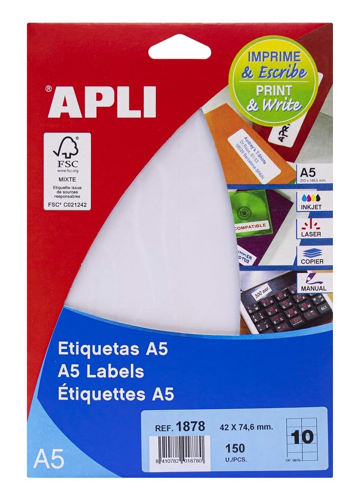 APLI 1878-White A5 Labels 42.0 x 74.6 mm 15 Sheets