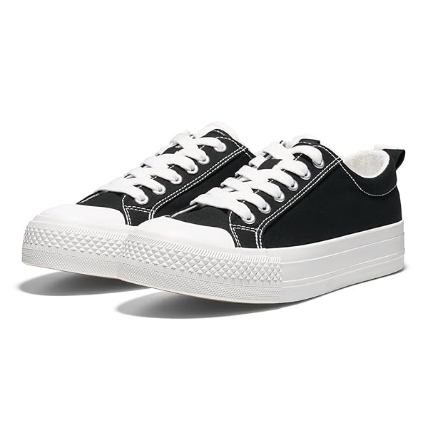 HEEZ WOMENS PLATFORM FASHION CANVAS SNEAKERS LOW TOP LACE UP TENNIS SHOES BREATHABLE LIGHTWEIGHT NON SLIP SHOES CASUAL RUNNING WALKING SHOES BLACK AND WHITE, 7
