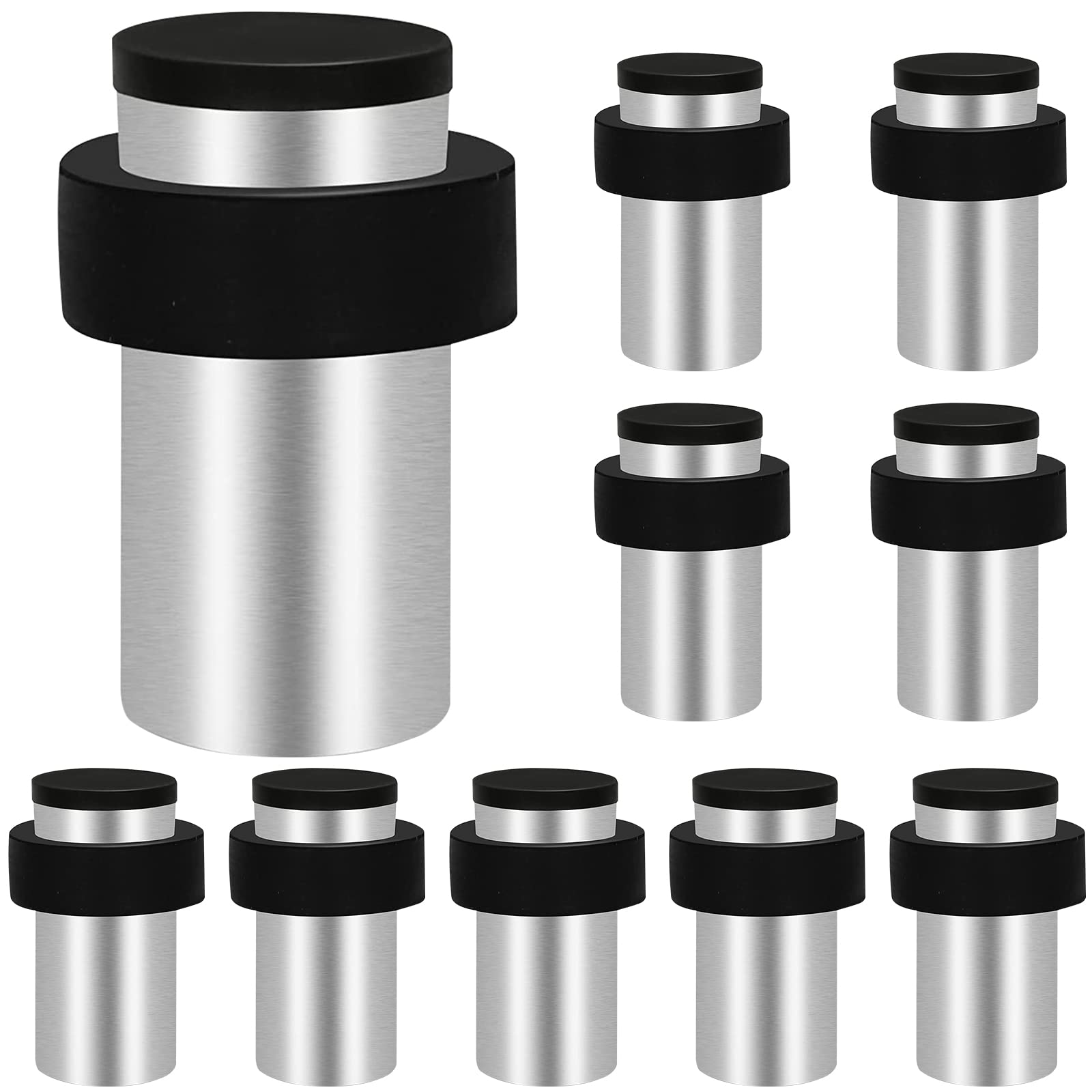Door Stoppers, 50mm Floor Mounted Door Stop, 10 Pack Stainless Steel Cylindrical Doorstops for Skirtings, Chrome Door Stops for Wall with Rubber Bumper