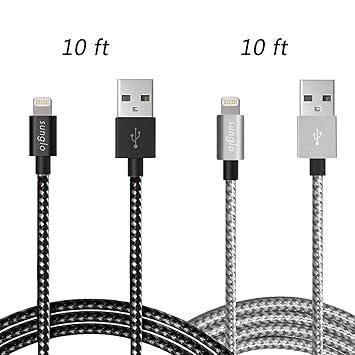 Sunglo iPhone Cable 2 Pack 10ft Black Silver Grey Extra Long Nylon Braided Apple Lightning USB Charging Cable Cord for iPhone 6,6s, 6 plus,6s plus,iPhone5 5s 5CE,iPad,iPod