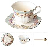 POWDONUNT Vintage Floral Porcelain Tea Cup and Saucer Set with Spoon, Gold Trim, 6.4 oz – Set of 1, Teal – Tea & Espresso & Coffee Cups (1, Teal)
