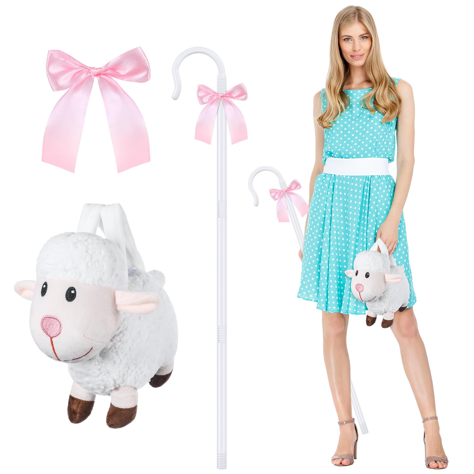 Photo 1 of WinnerWhy Shepherdess Costume Accessories, 43" Shepherds Hook Prop Staff, Little Sheep Handbag and 20" Pink Ribbon for Halloween Cosplay Costume Accessory