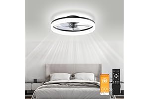 Bridika Low Profile Ceiling Fan with Light,15.7" Modern Flush Mount Bladeless Ceiling Fans with Lights and Remote with 3 Color Dimmable Memory LED,6-Speed Black Ceiling Fan with Light for Bedrooms