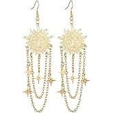 Gold Sun Moon Star Dangle Earrings for Women Bohemian Celestial Crescent Star Crystal Dangle Drop Earrings Vintage Sun Chain Tassel Earrings Gothic Halloween Christmas Party Jewelry