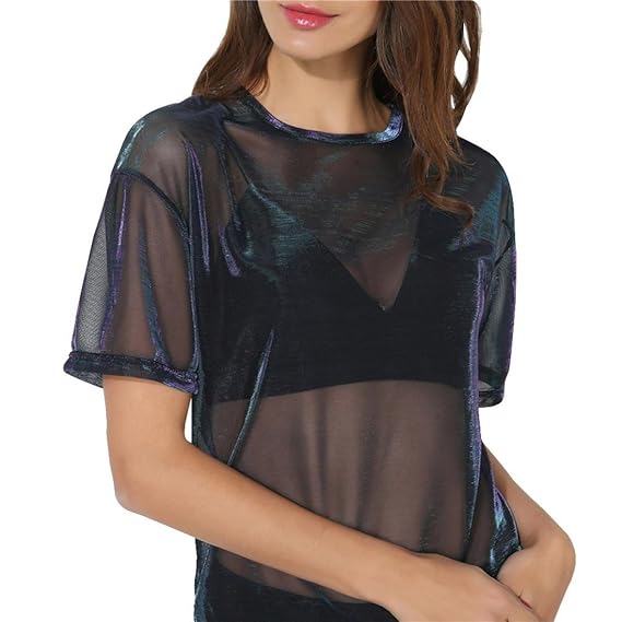 TWIFER Damen Hohl Transparent Rundhals Kurzarm T-Shirt Top Bluse Schwarz