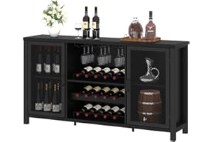 IBF Black Coffee Bar Cabinet, Liquor Cabinet with Wine Rack Storage, Industrial Kitchen Buffet Cabinet for Liquor and Coffee,