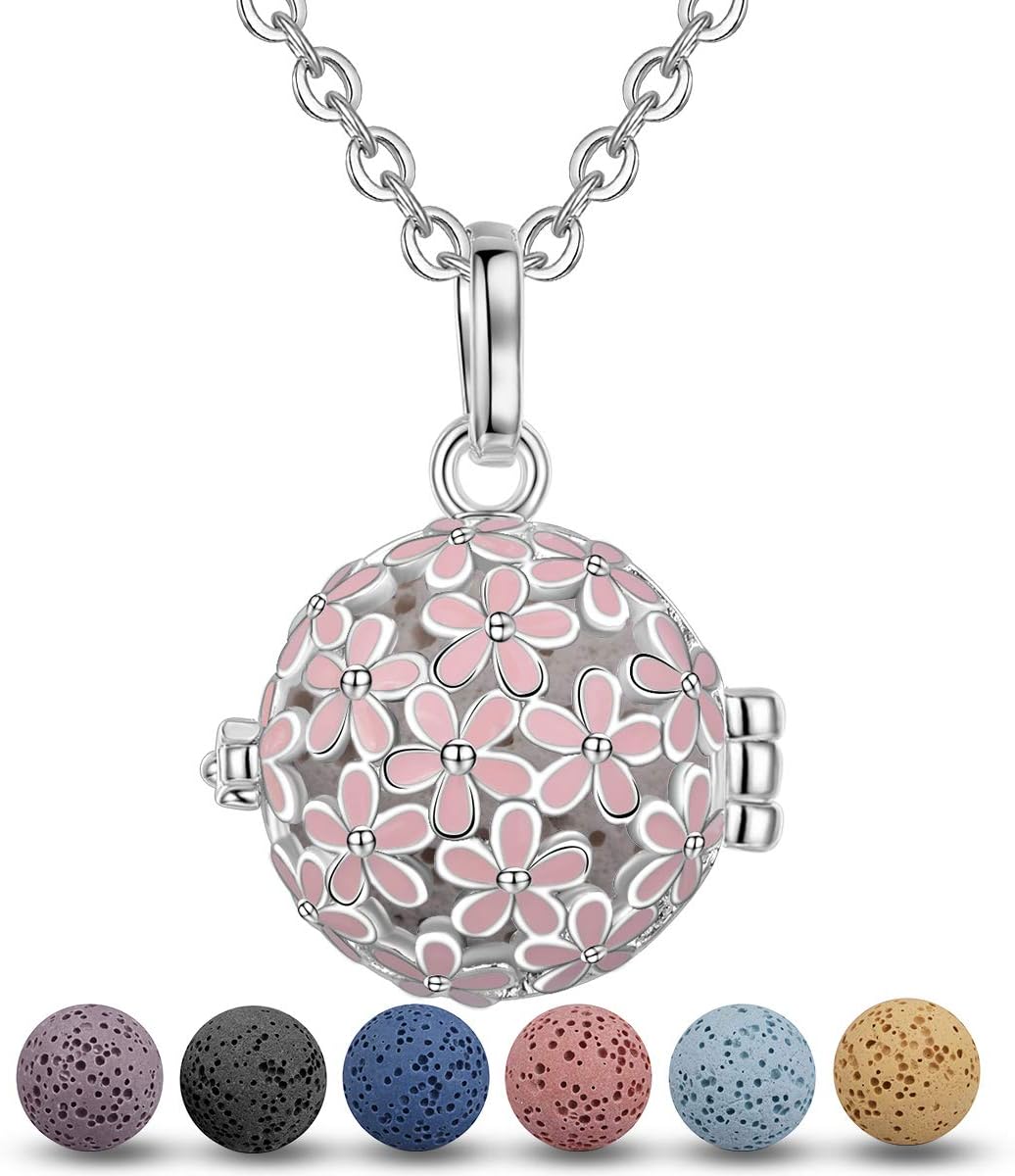 INFUSEU Lava Stone Essential Oil Diffuser Necklace for Women Aroma Therapy Locket Pendant Jewelry Set, 5 PCS Rocks