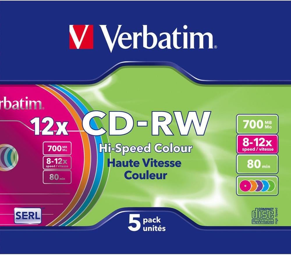 Verbatim CDRW-80 8x-12x 5pk Slim Jewel Case hi-speed coloured