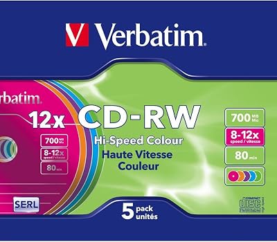 Verbatim CDRW-80 8x-12x 5pk Slim Jewel Case hi-speed coloured