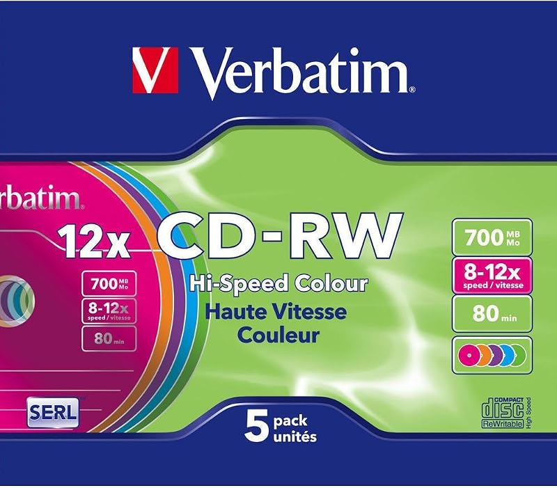 Verbatim CDRW-80 8x-12x 5pk Slim Jewel Case hi-speed coloured
