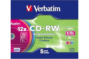 VERBATIM CD-RW 700MB, Pack of 5 Slim Case, Colourful, Rewritable, 12x Speed, Blank CDs