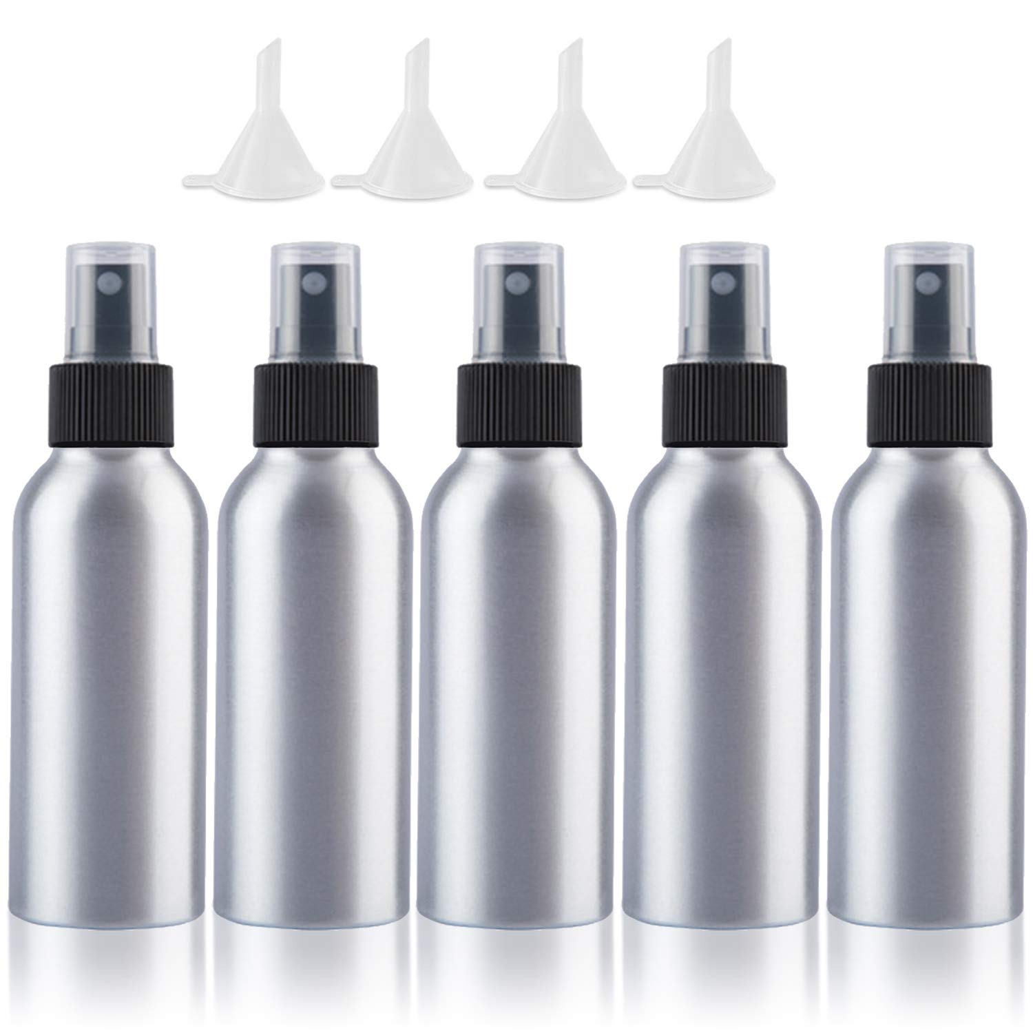 Aluminum Spray Bottle Travel Size 100ml/3.4oz 5 Pack Metal Empty Fine Mist Refillable Atomizer Set with Lids for Liquids Skincare Cosmetic Perfume Storage, with 4pcs Small Funnels