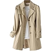 SOMTHRON Women's Single Breasted Mid-Length Trench Coat Puff Sleeve Lapel Overcoat Windproof Classic Outerwear