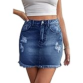 HERBATOMIA Women’s Bodycon Denim Mini Skirt High Waist Casual Washed Frayed Stretchy Jean Skirts with Pocket for Women