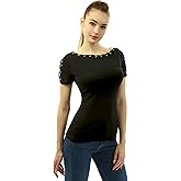 AmélieBoutik Women Cotton Blend Boatneck Eyelet Trim Short Sleeve Blouse Top