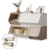 Stackable Plastic Storage Cabinet with Doors, 4 Cubes, Coffee &amp; Cream | Modular cube storage organizer with 2 large and 2 small bins, cover lids and a flexible layout for home, office or dorm.