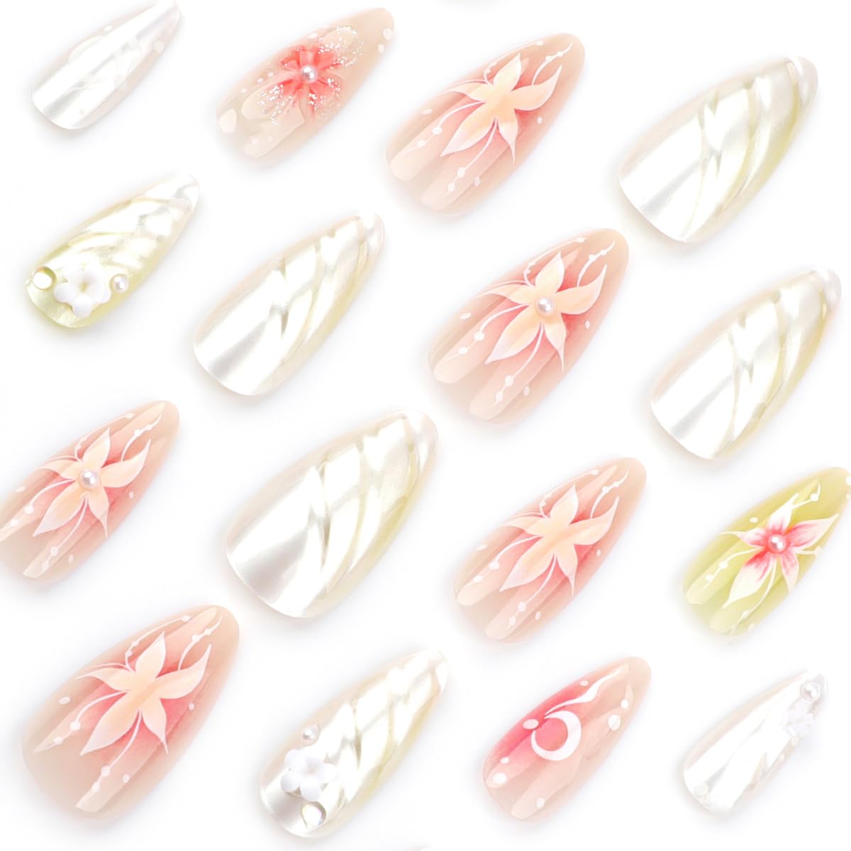 Flower Press on Nails Medium Almond Fake Nails Spring Summer Nails Press ons with Floral Designs Cute False Nails Pink Acrylic Nails Full Cover Glossy Stick on Nails for Women Manicure 24Pcs - Image 2