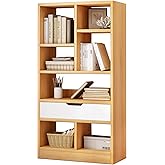 IOTXY Wooden Open Shelf Bookcase - 51" Height Freestanding Display Storage Cabinet Organizer with 7 Cubes and a Drawer, Floor Standing Bookshelf, Yellow