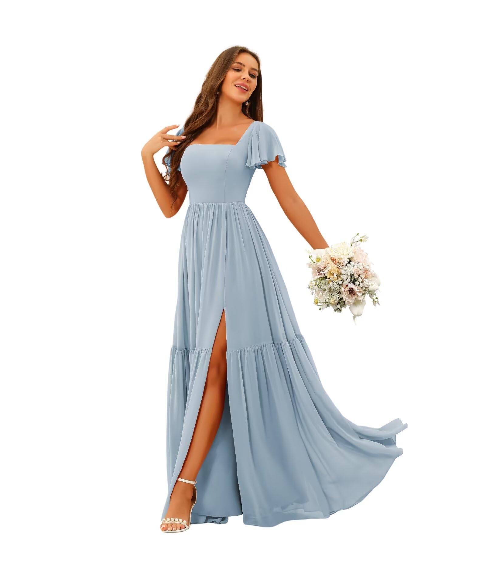 Photo 1 of YOFF Square Neck Bridesmaid Dress Long with Slit Dusty_Blue Flutter Sleeve A-Line Pleated Chiffon Formal Party Dresses with Pockets US10