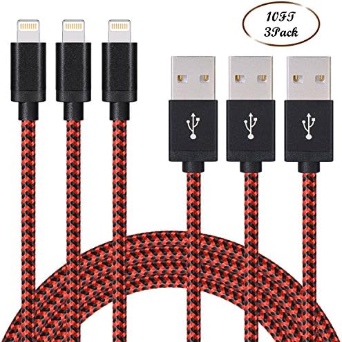 Cordify 3Pack 10FT Nylon Braided 8Pin Lightning to USB Charging Cable Cord with Aluminum Connector Compatible with iPhone 7/7+/6/6s/6 plus/6s+, 5c/5s/5/SE, iPad /iPod &amp; More (Red)