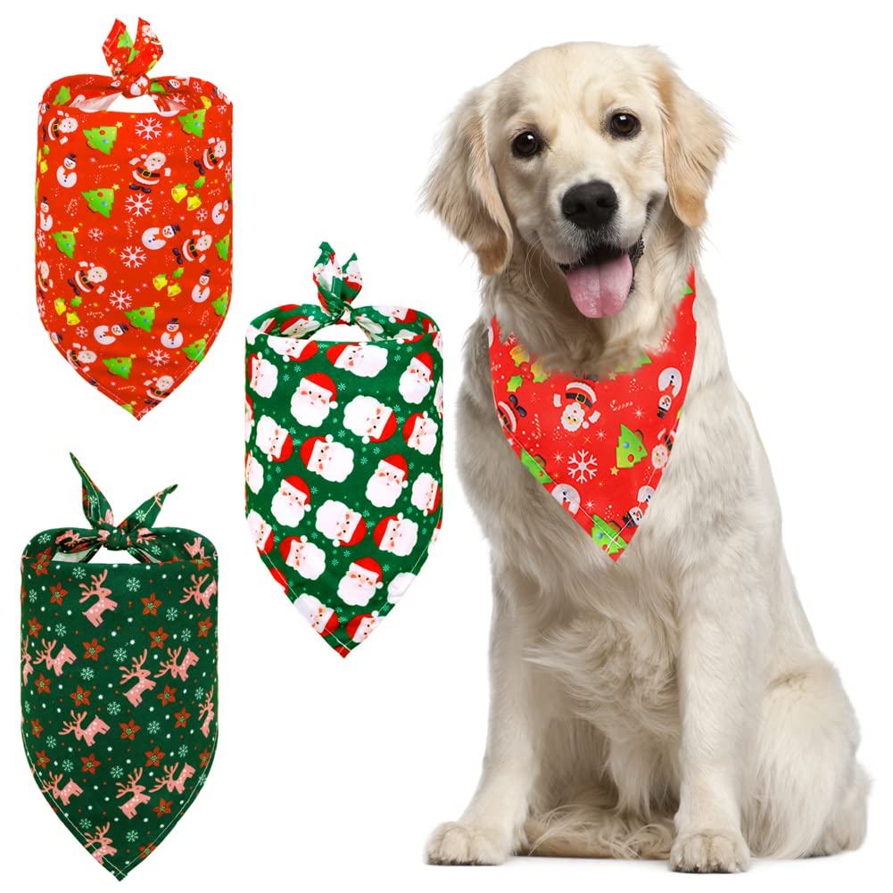 Christmas Dog Bandanas, 3 Pack Triangle Xmas Pet Scarf Bibs Kerchief Gifts with Merry Christmas Santa Snowman Pink Elk Printing Pet Holiday Accessories Decoration for Small Medium Large Dogs Cats Pets